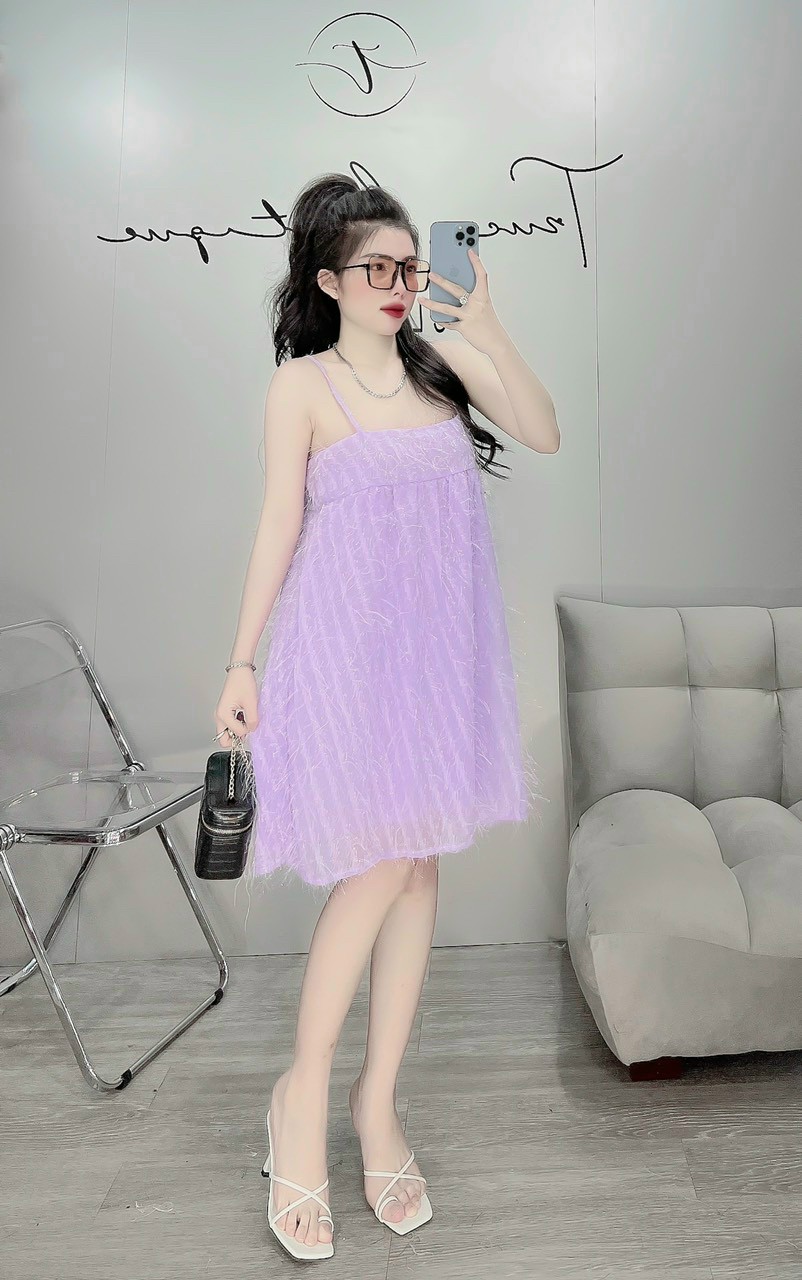 Đầm 2 dây lông vũ