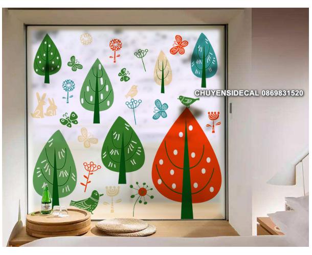 Decal dán kính cao cấp - nhiều cây đại thụ sắc màu lớn -dk7185
