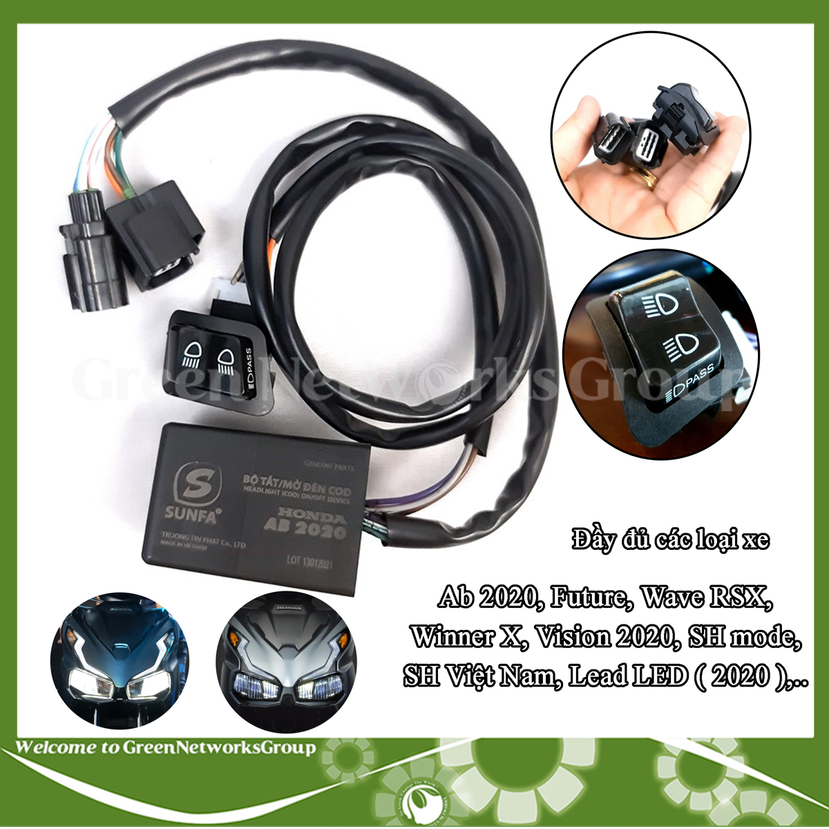 Bộ tắt mở đèn xe SUNFA cho xe AirBlade 2020 Lead Wave RSX Winner X SHVN SH mode Future Vision tích hợp công tắc Coss Pha Greennetworks