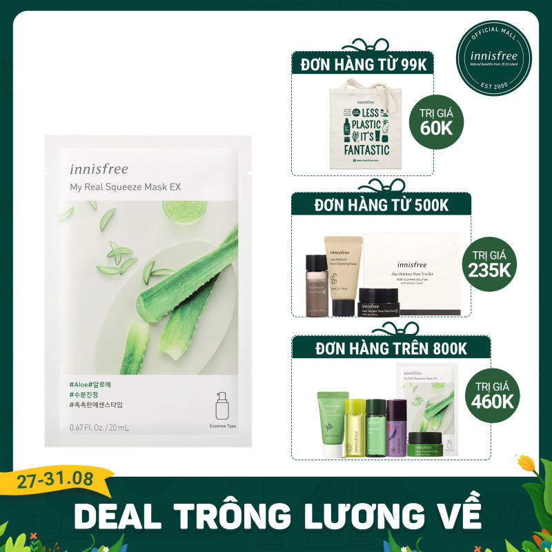 Mặt nạ giấy cấp nước & làm dịu da từ nha đam innisfree My Real Squeeze Mask - Aloe 20ml
