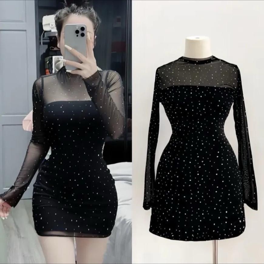 Đầm ôm body dự tiệc nữ cổ v kim sa phối tay lưới , đẫm ôm lưới phối kim sa