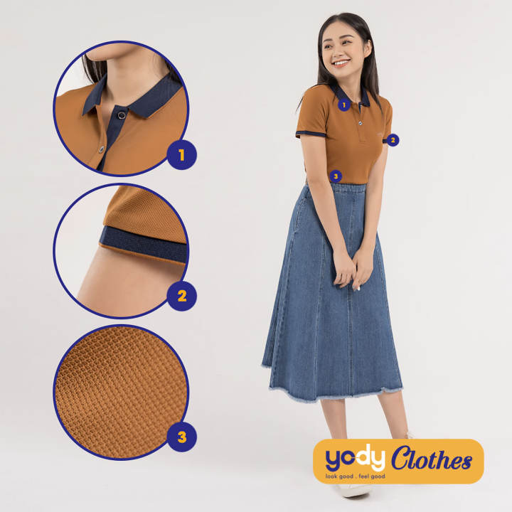 Áo phông polo nữ cafe phối nẹp YODY, áo thun có cổ chất liệu cafe tự nhiên, chống tia UV, thoáng mát dễ phối đồ APN3700