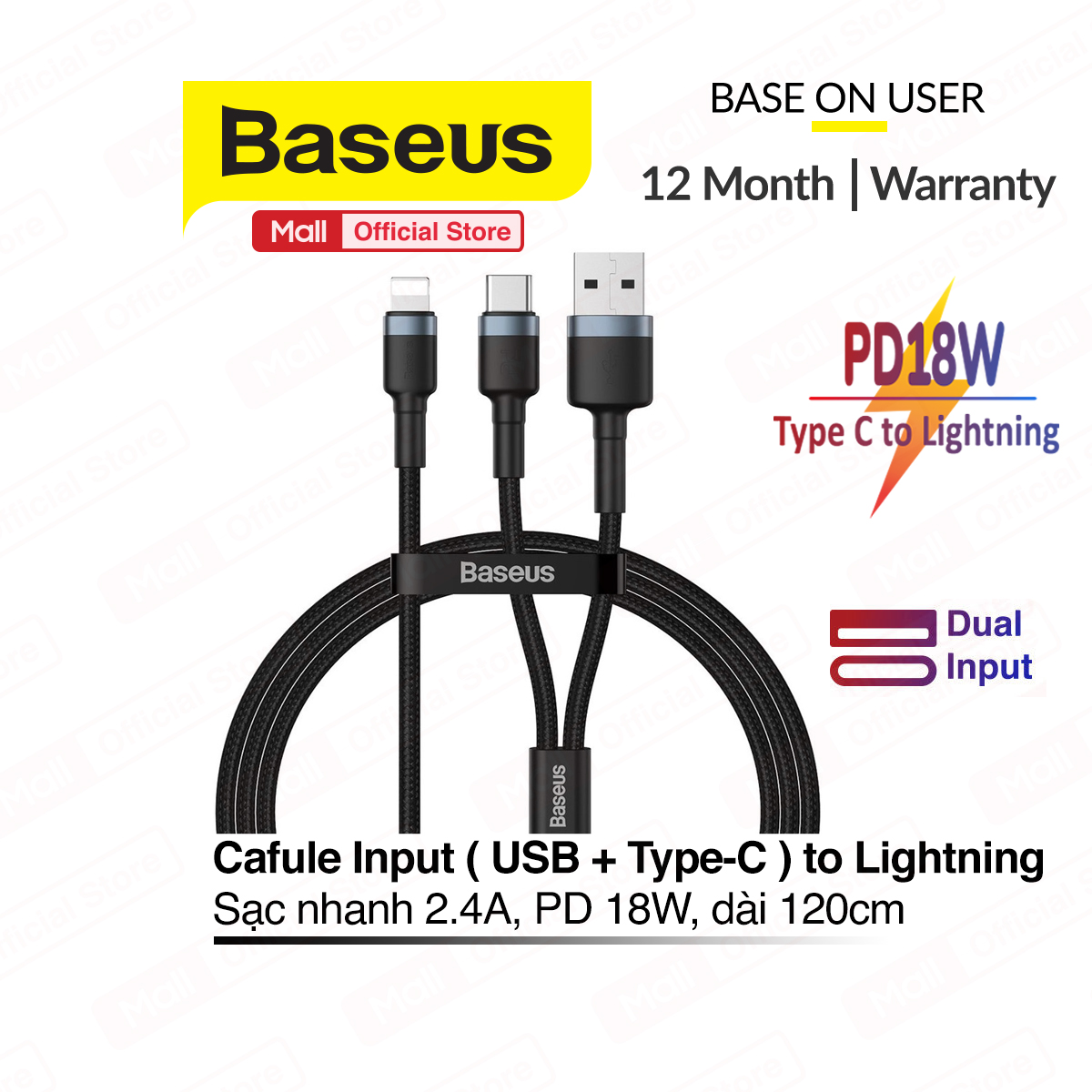 Cáp sạc nhanh Lightning Baseus Cafule USB + Type-C 2-in-1 PD dual input (USB+Type-C) sạc nhanh 2.4A công suất 18W hỗ trợ truyền dữ liệu