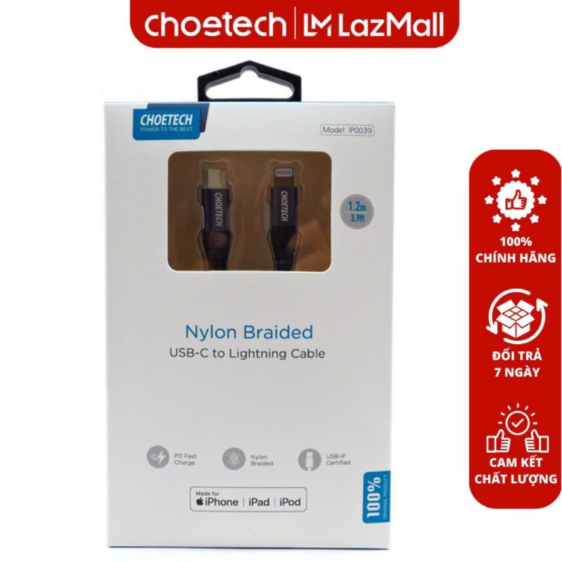 Cáp sạc nhanh Type C to Lightning chuẩn MFI Series Choetech IP00 (Hàng chính hãng)