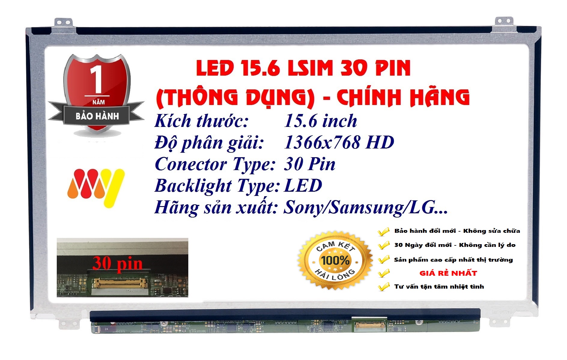 Màn Hình Laptop 15.6 SLIM 30 PIN FHD IPS tràn viền - thay thế cho aptop MSI GV62 7RD 7RC 7RE GV62VR MS-16JD