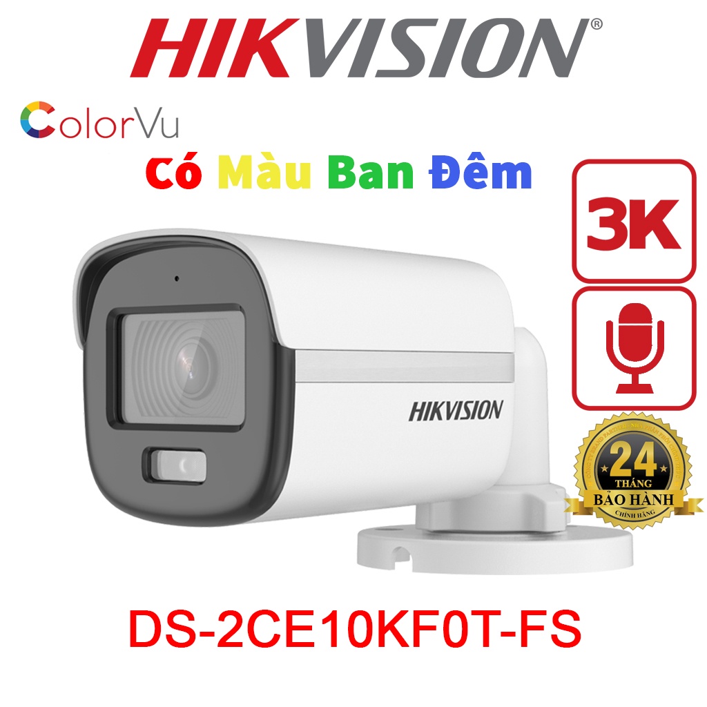 Camera HDTVI ColorVu 5.0MP HIKVISION DS-2CE10KF0T-FS Vỏ Sắt, Tích Hợp Míc, Chống Nước IP 67