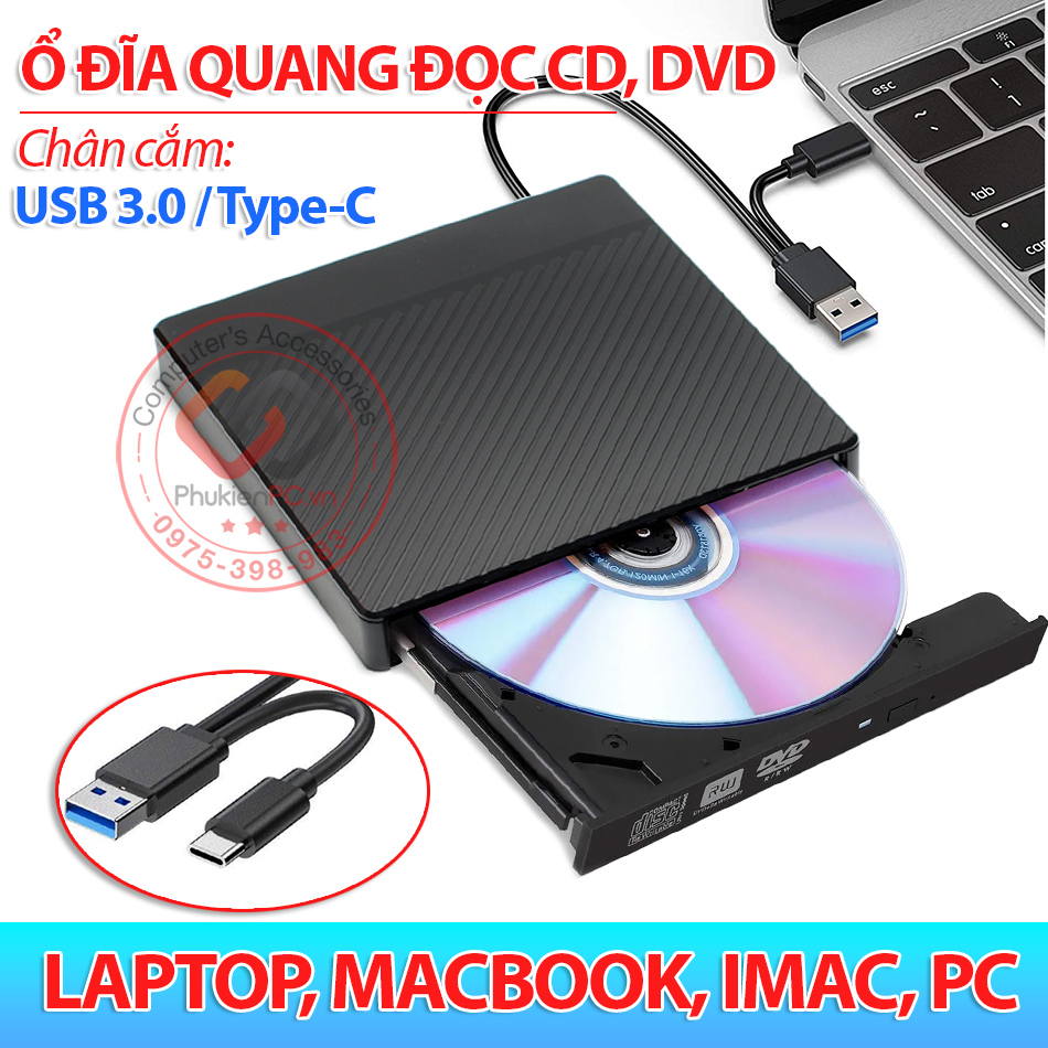USB 3.0 interface, USB Type-C external for PC, laptop, sync computer. Read documents Cd dvd, listen music, watch movies