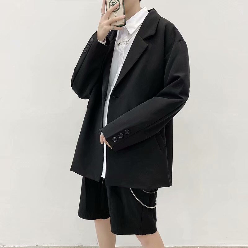 Áo khoác blazer Nam Form Rộng Mantoni dài tay vest dáng dài unisex màu đen kem phong cách Hàn Quốc