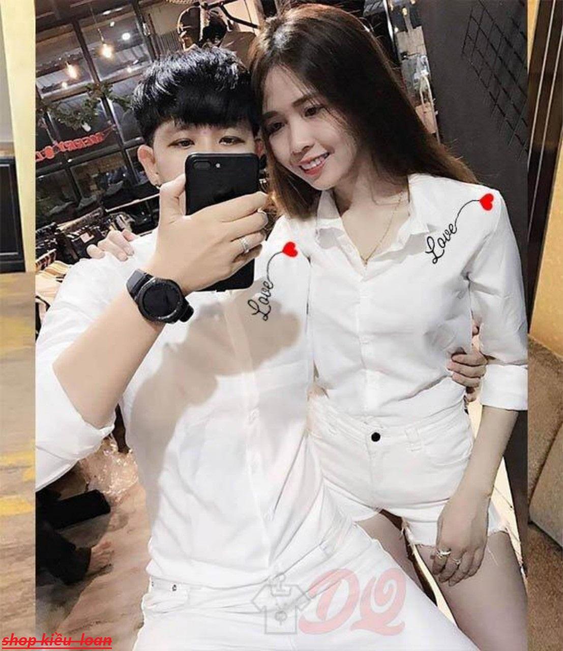 [HCM]ÁO SƠ MI ĐÔI NAM NỮ IN LOVE TIM DỄ THƯƠNG