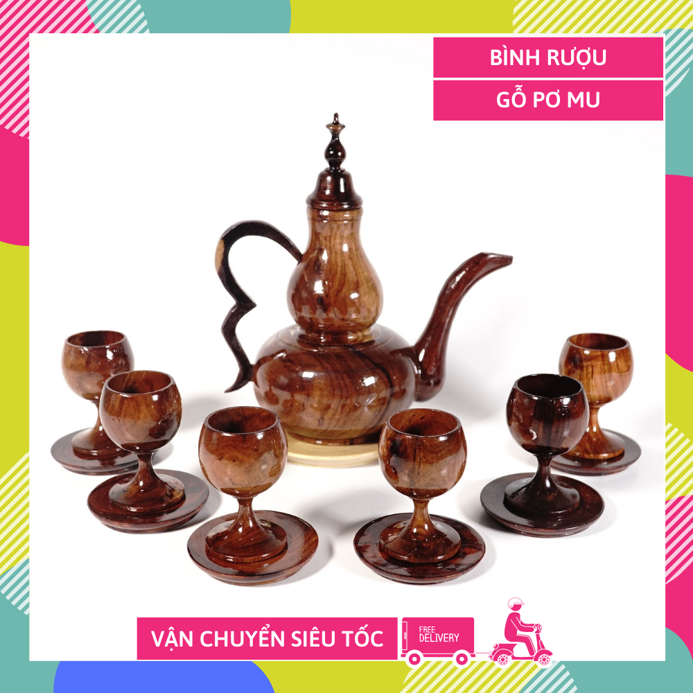 Bộ bình gỗ cẩm Nâu 1 bình 6 ly nguyên khối phong thủy cao cấp - Bình 18cm và Ly 5cm có đế kê