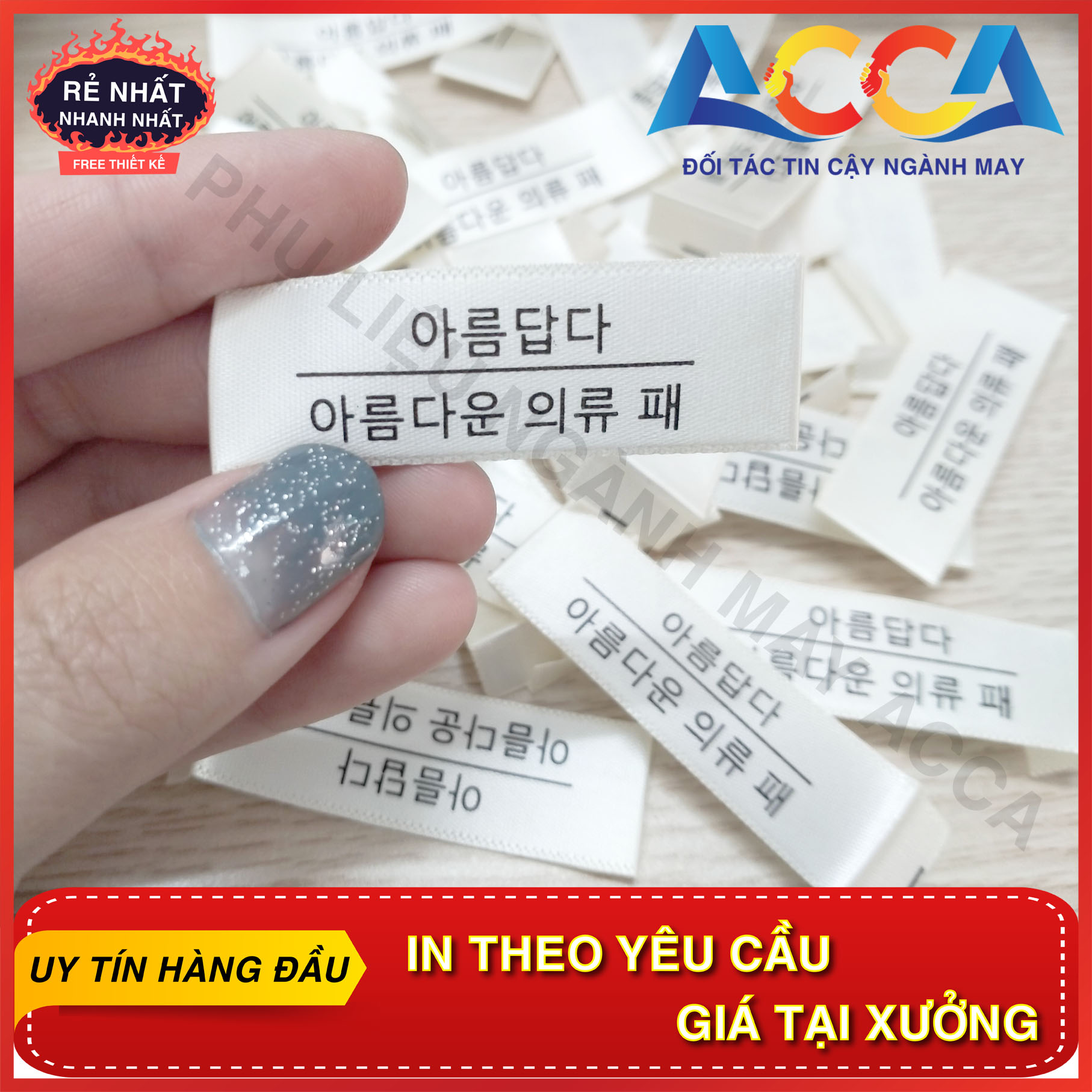 500 mác vải gắn quần áo ,nhãn mác hàng quảng châu ,túi 500 cái kích thước 1,5*5cm mác lụa ,in theo yêu cầu nhãn mác acca ,chất lụa mềm mai không ngứa phai màu phù hợp đồ pijama