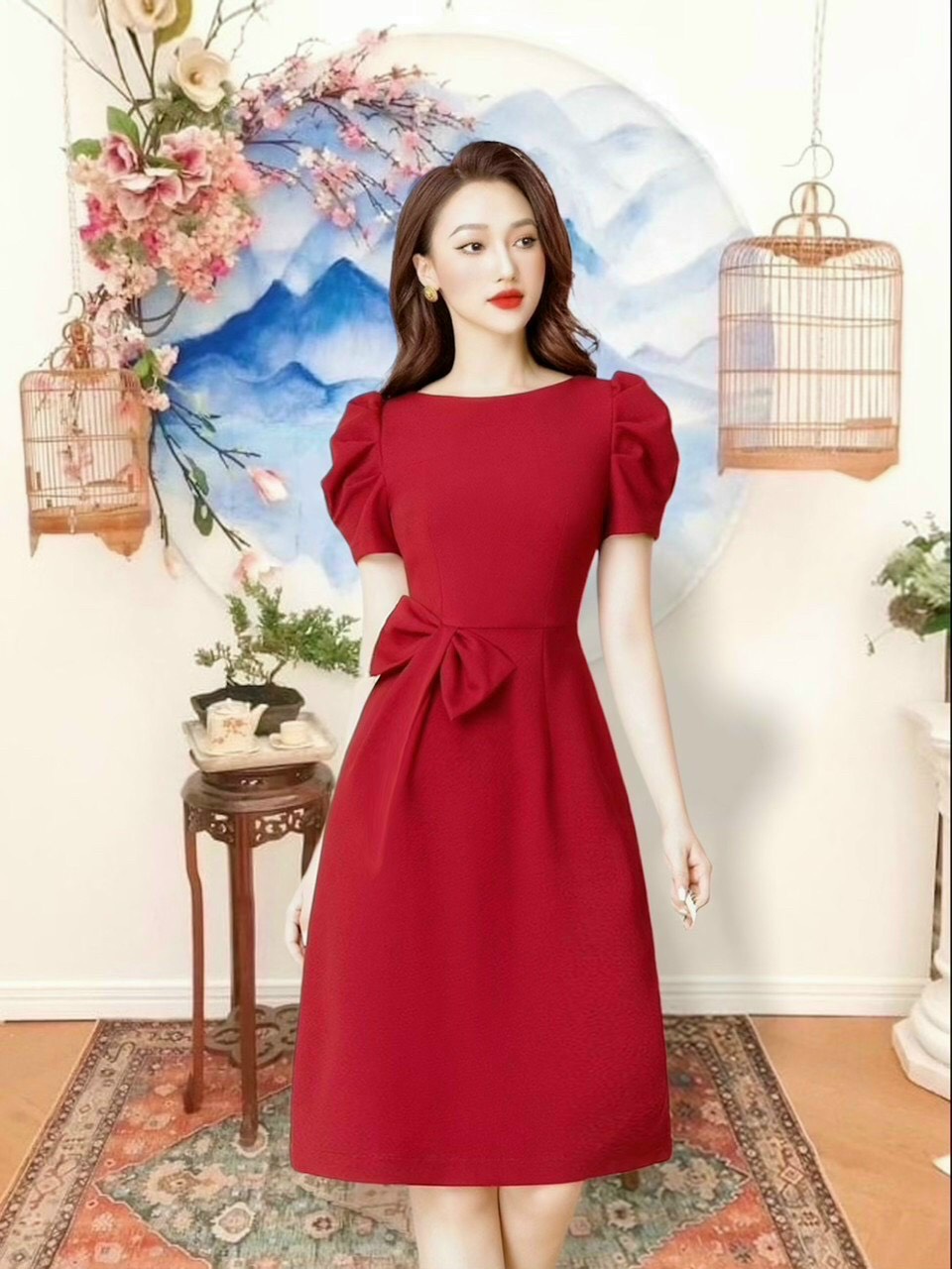 SALE đầm xòe đính nơ eo fullsize, mặc đẹp