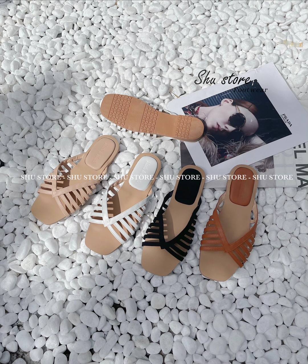 Dép nữ đế bệt thời trang shu store - dép mũi vuông quai đan rọ giữa đi chơi, đi dạo