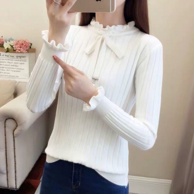 Áo len bánh bèo nơ ngọc cao cấp