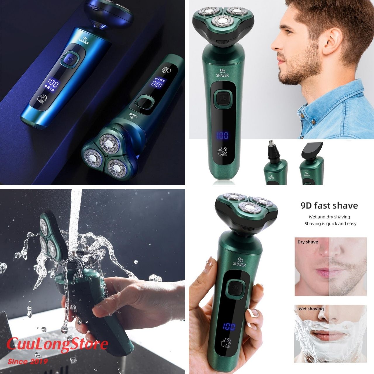 Máy Cạo Râu 9D Lưỡi Dao Kép đa năng, đầu tông đơ cắt tỉa lông mũi, chống nước IPX7, sạc pin màn hình kỹ thuật số hoạt động êm ái