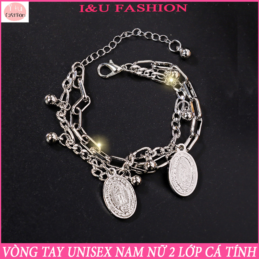 Vòng Tay Lắc Tay 2 lớp UNISEX Nam Nữ với thiết kế khác biệt khảm chân dung dây xích to bản màu bạc cá tính , thời trang độc đáo hợp làm vòng tay cặp đôi và quà tặng VT-34