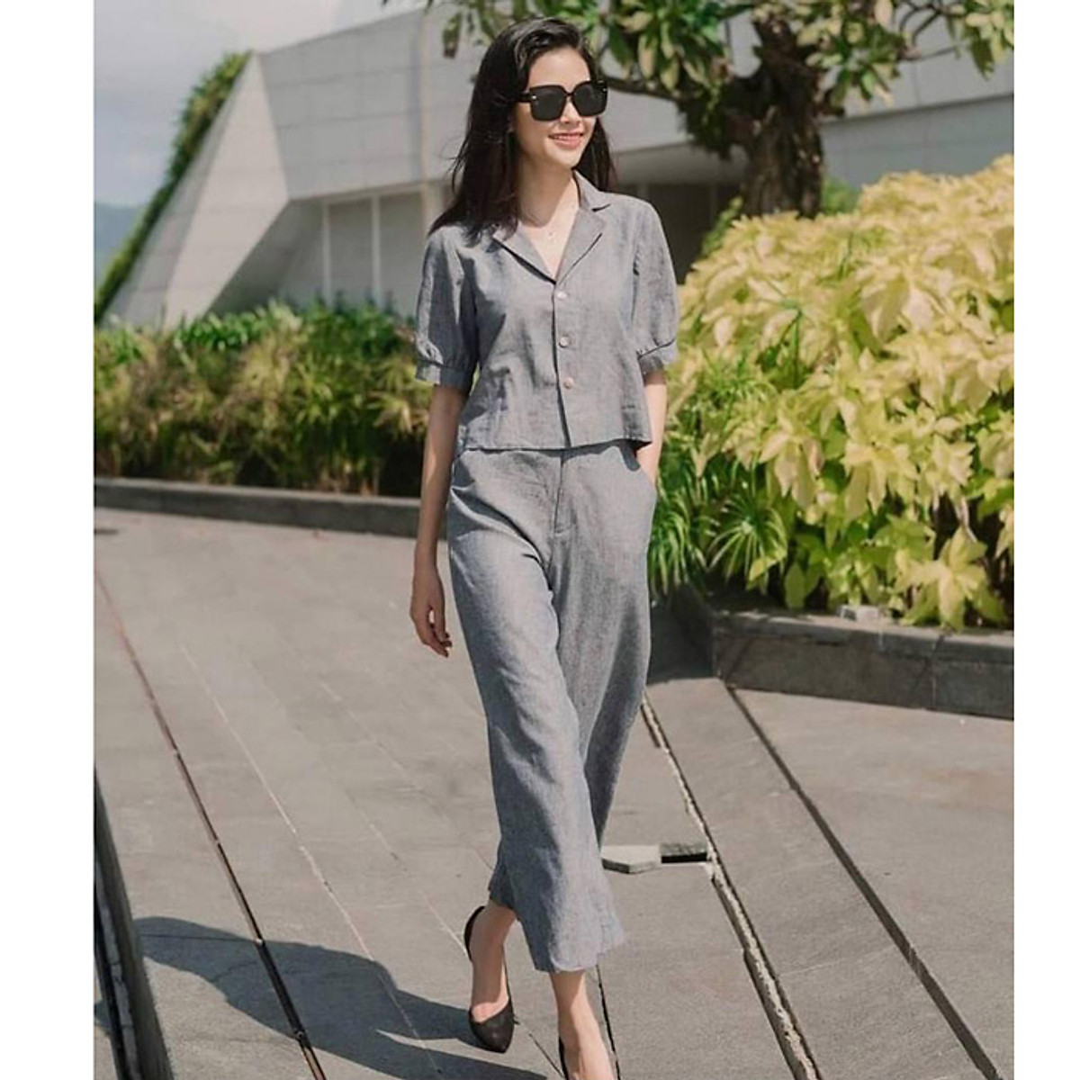 Set bộ nữ linen slinen, áo cổ 2 ve dáng lửng kèm quần ống rộng
