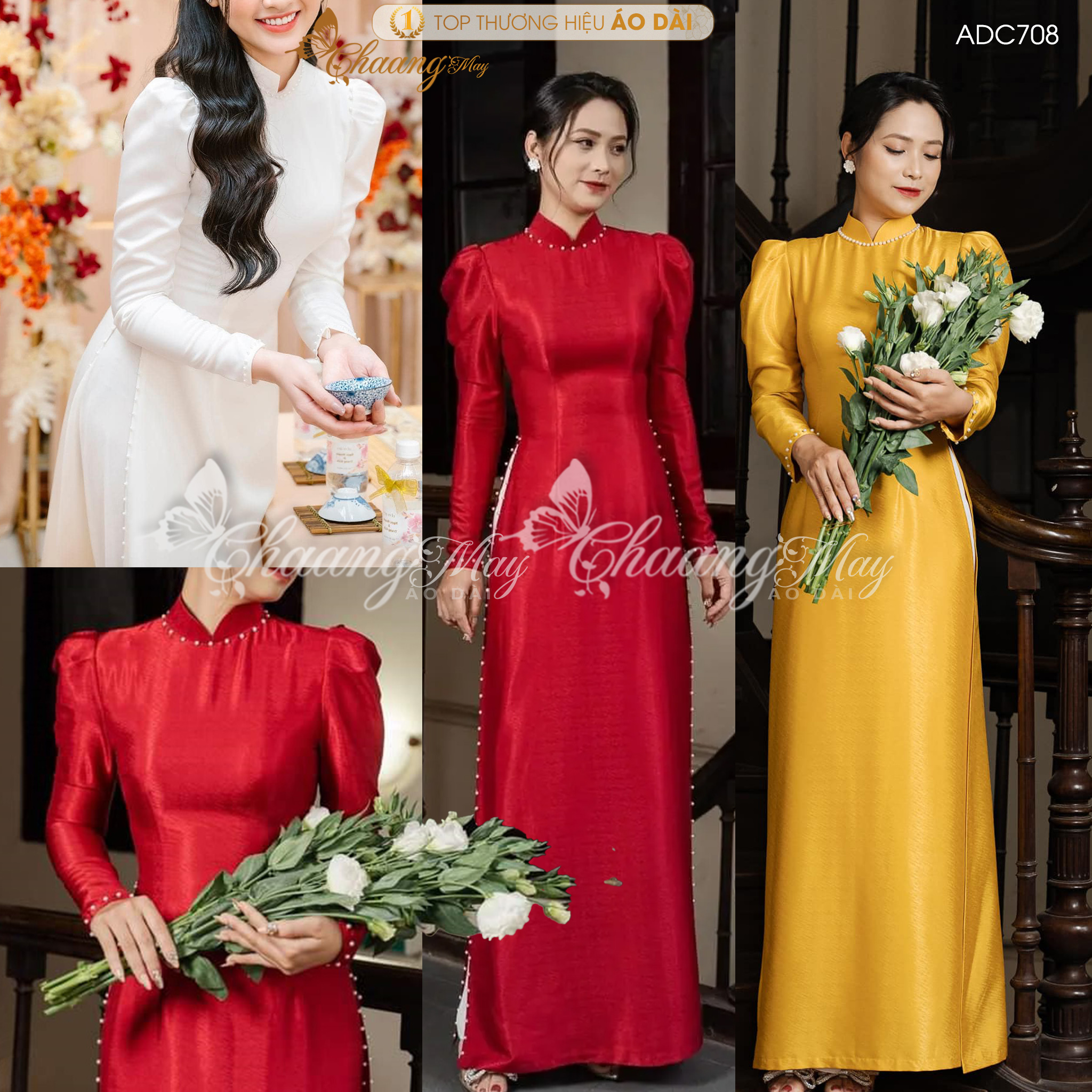 Áo dài cưới cô dâu tay vai bồng Chaang may sẵn áo dài lụa vân đỏ đính ngọc dự tiệc ăn hỏi lễ tết đẹp ADC708