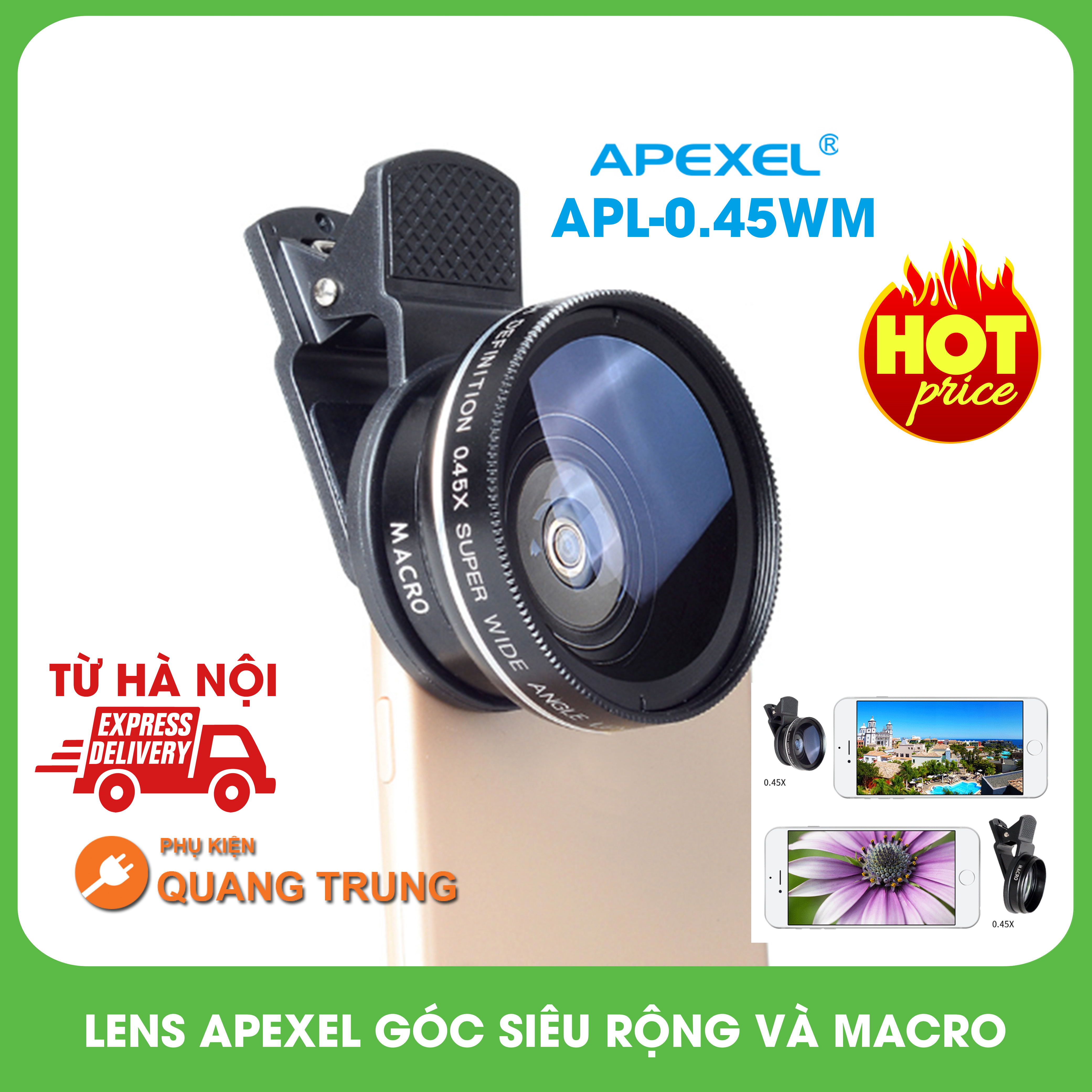 Bộ ống kính,lens apexel chụp ảnh cho điện thoại 2 in 1, góc rộng và macro