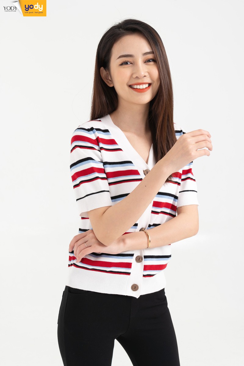Áo Len Kẻ Cộc Tay Cúc Nẹp YODY