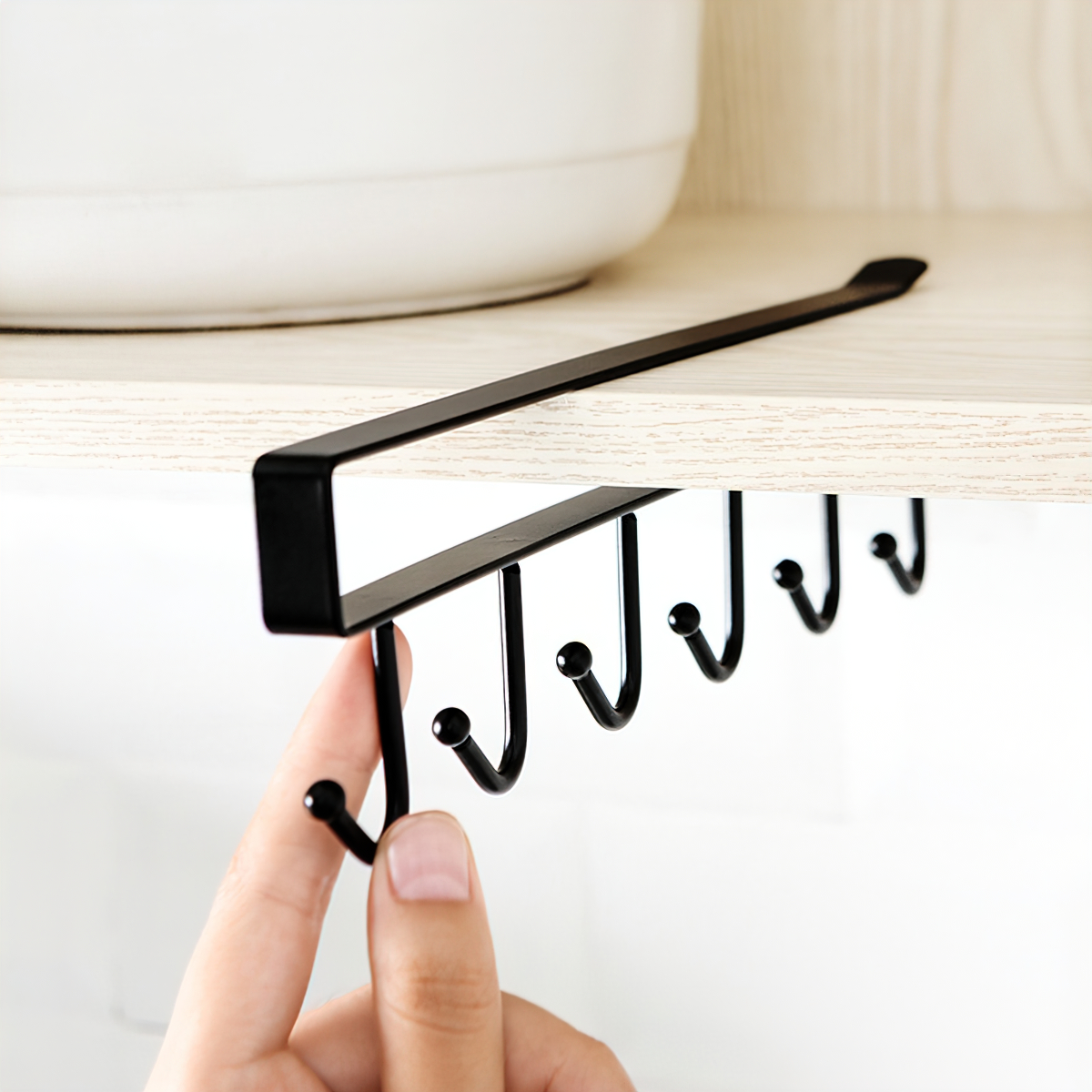 Kitchen Hanger with 6 Hooks Attached to Kitchen Cabinets and Shelves
