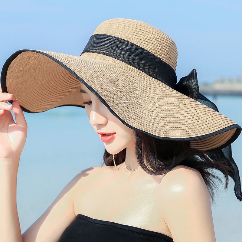 Mũ cói vành rộng 45cm viền đen phối nơ vải bố siêu xinh