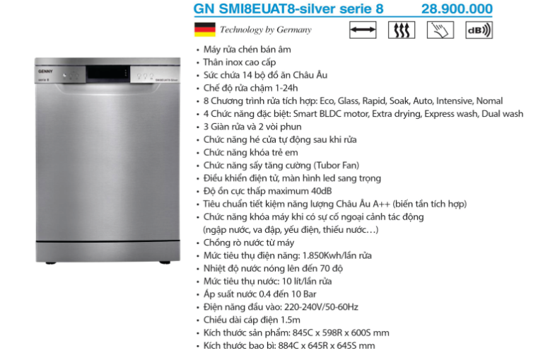 Máy rửa chén/bát Genny GN-SMI8EUAT8-Silver Serie 8