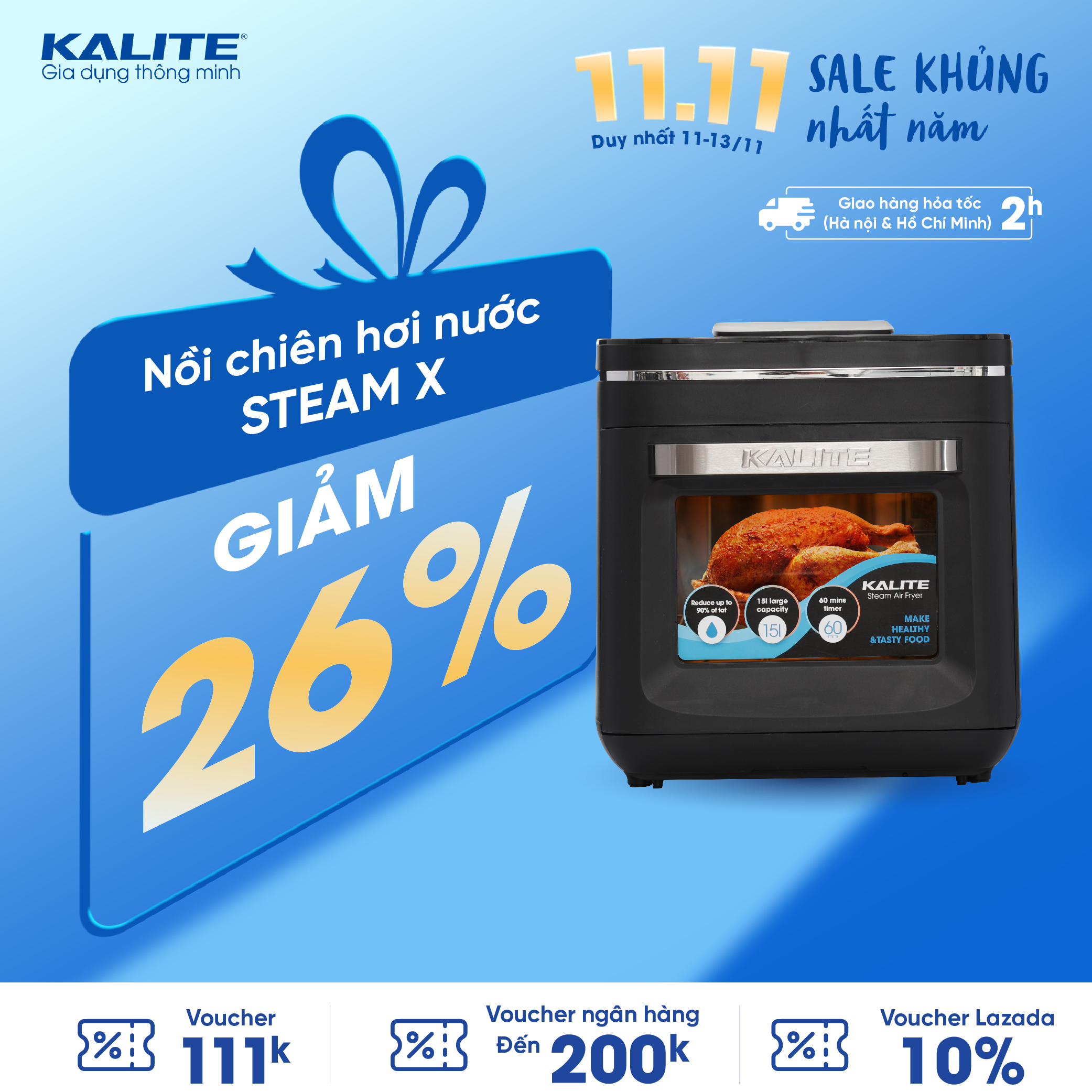 Nồi chiên hơi nước Kalite Steam X, công suất 1635W, dung tích 15L, công nghệ chiên hấp 3 trong 1, 9 chế độ lập trình sẵn, 4 chế độ điều chỉnh bằng tay, tiện lợi, bảo hành 24 tháng