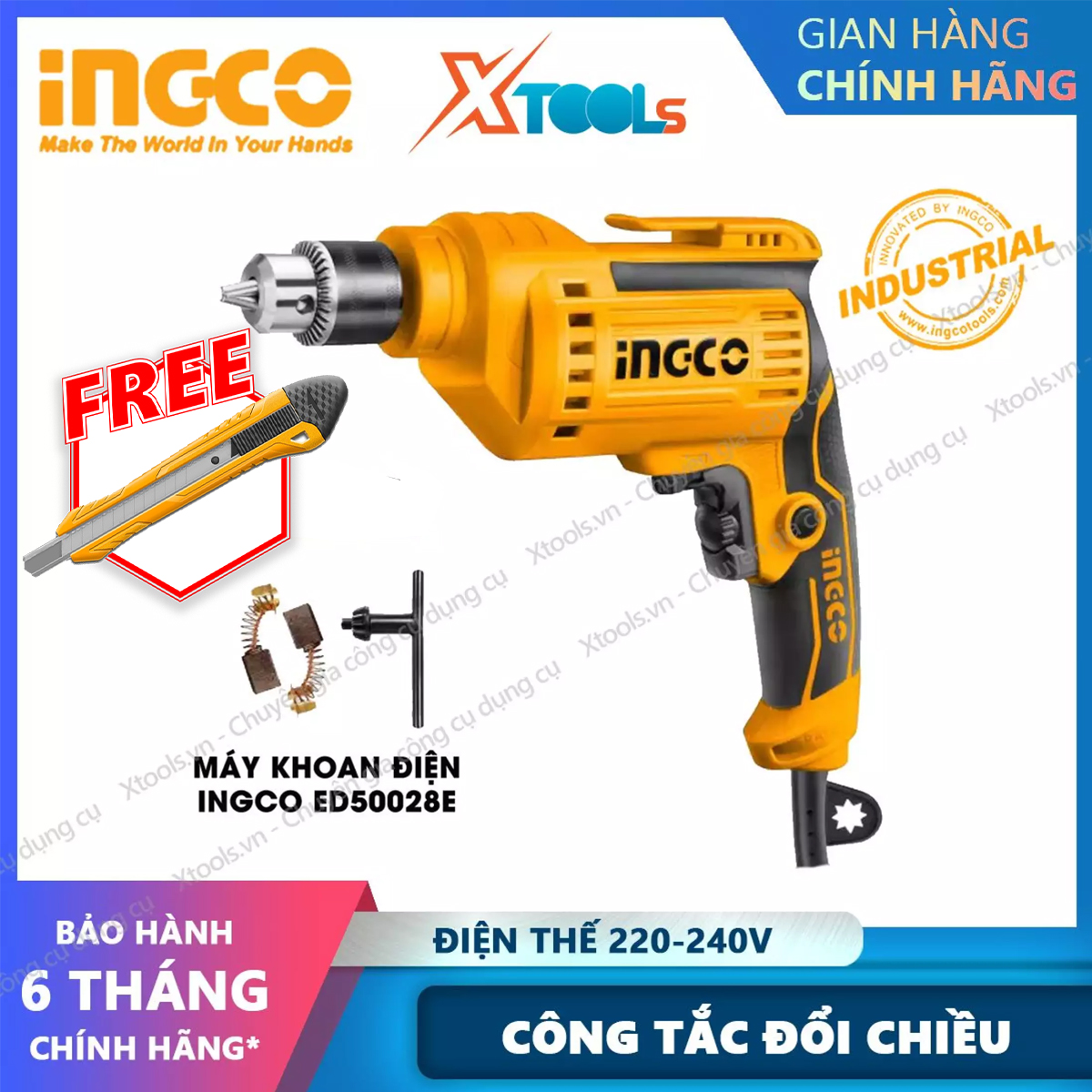 Electric drill 500W-10mm ingco ED50028E. Hand drill voltage 220-240V no-load speed 0-3250rpm, drill bit 10mm [xsafe] [XTools]