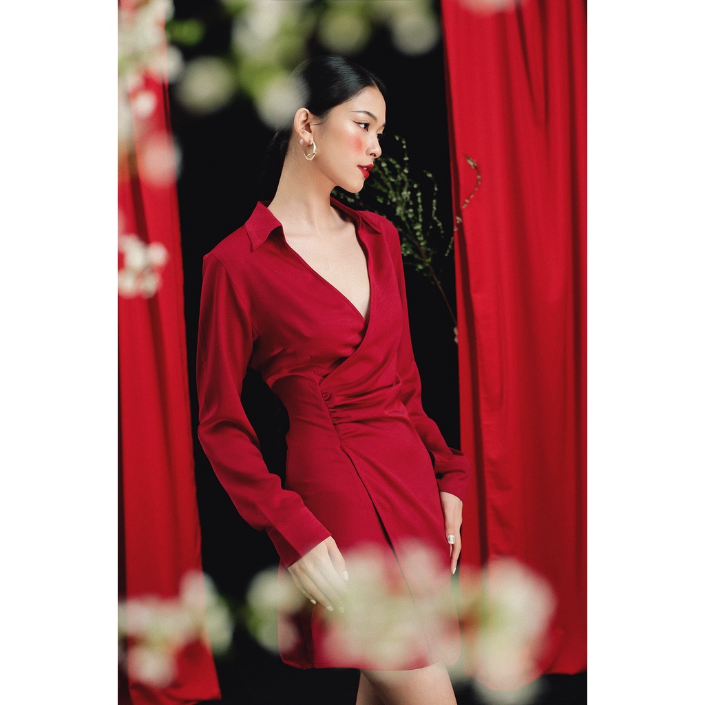 Đầm lụa đắp tà nhún MIEU (Đỏ/Đen) - HD26