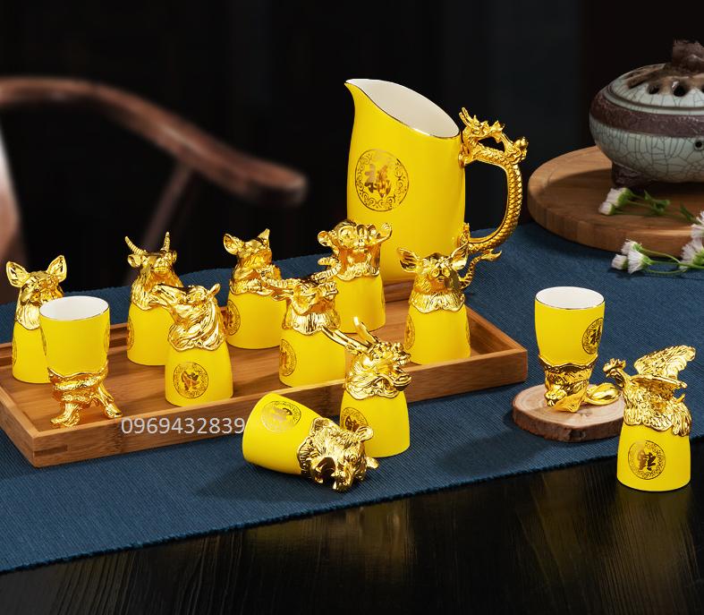 Bộ Ly Gốm 12 con giáp mạ vàng