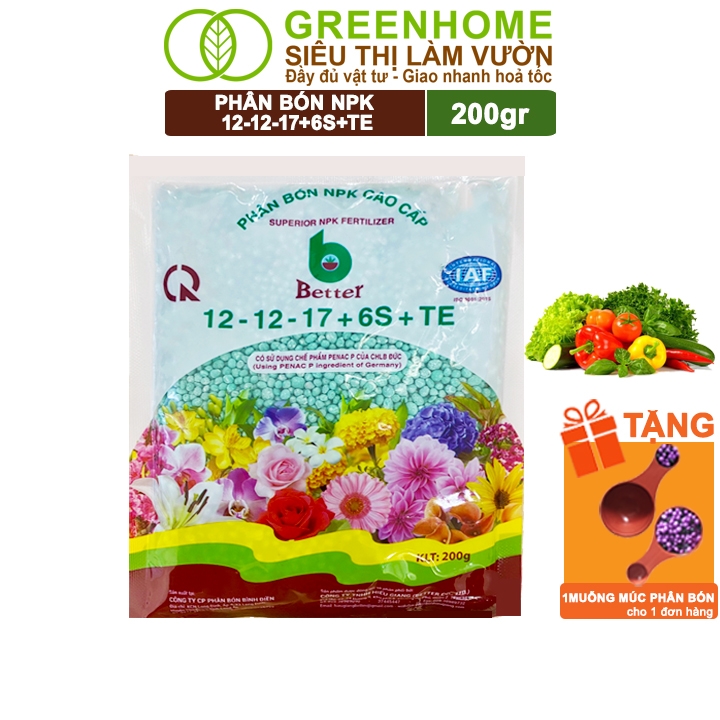 Phân bón npk 12-12-17-6s+te greenhome, better, bao 200gr, kích ra hoa, tăng đậu trái trên kiểng, cây ăn trái, củ, quả