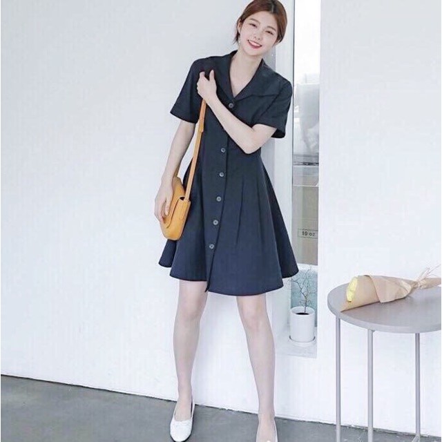 Đầm xanh đen cổ bẻ