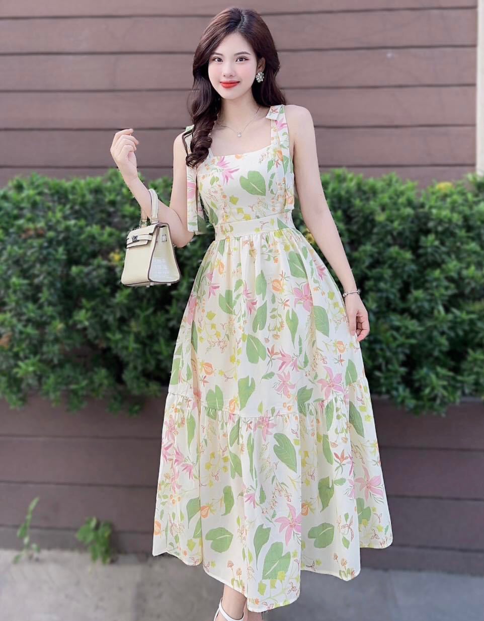 Đầm hoa nhí hai dây tiểu thư style Hàn Quốc, váy tiểu thư nữ tính vintage mặc mùa hè đi biển