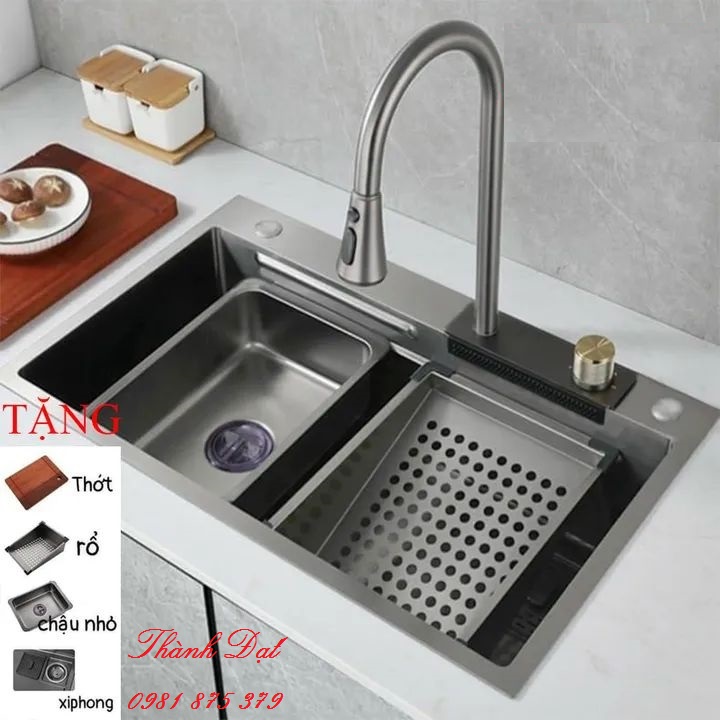Bồn rửa chén, Chậu rửa chén bát 1 hố nano xám đen cao cấp inox 304 kèm vòi rửa chén