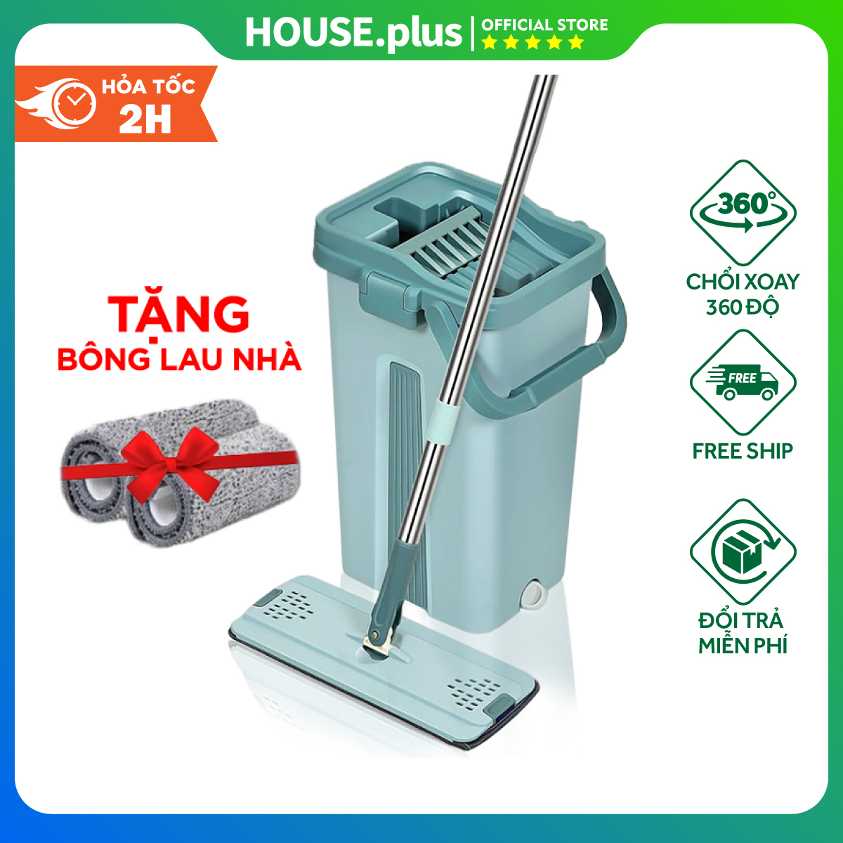 Bộ Lau Nhà 360 Độ 4 In 1 Tự Vắt Thông Minh Đa Năng Xoay 2 Vách Ngăn Cao Cấp