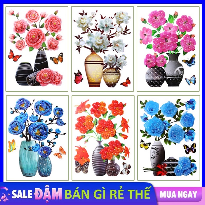 Decal dán tường bình hoa 3D Siêu Đẹp - Tranh dán tường 3D hoa nổi trang trí phòng khách room decor / Tranh Hoa Nổi 3D, Decal Hoa Dán Tường 3D