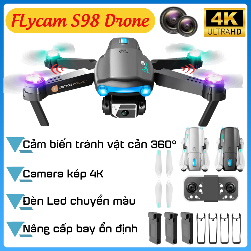 Drone Camera 4K S98, Flaycam mini, Máy bay flycam giá rẻ