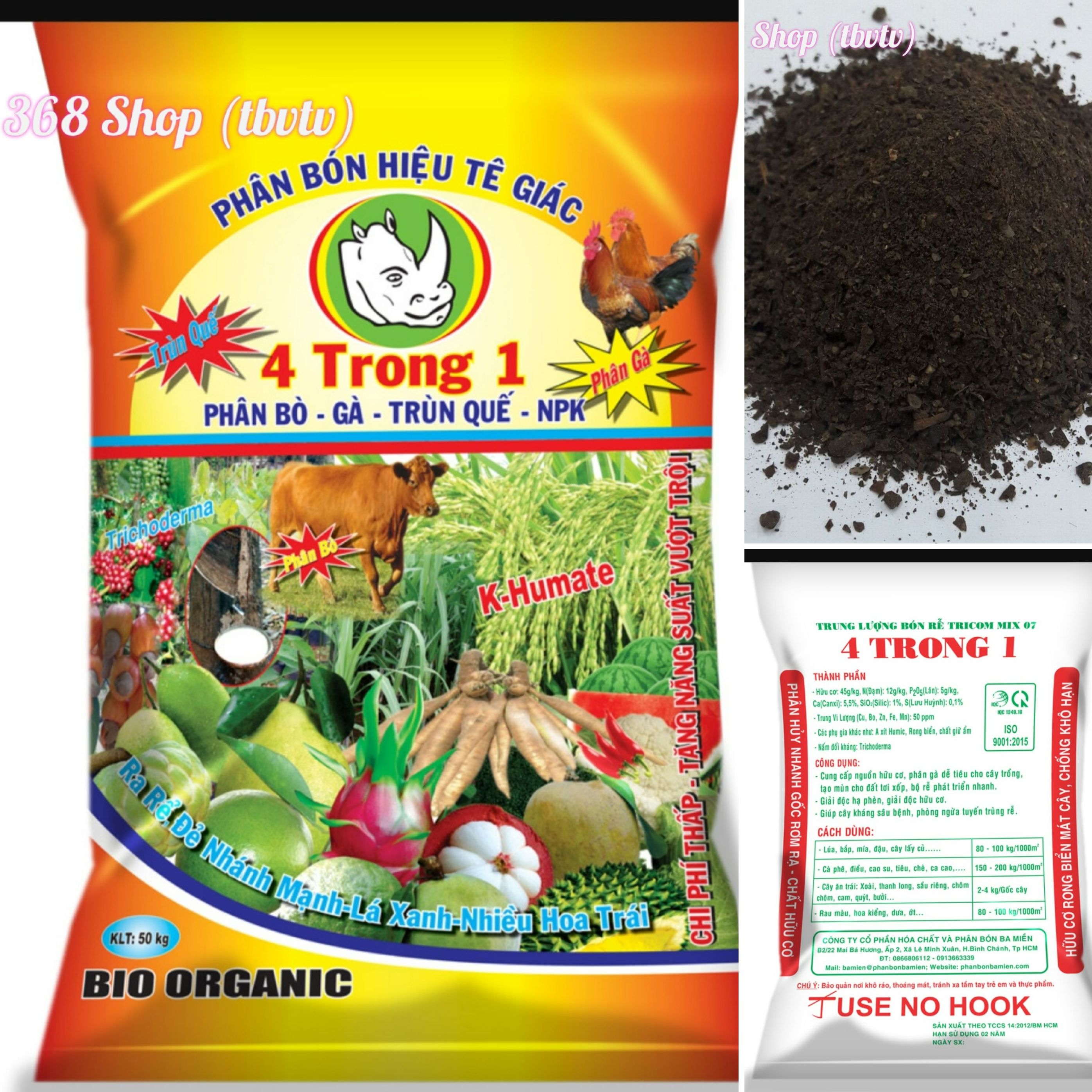 (Túi 1kg)💎 Phân bón hữu cơ 4 trong 1 + K-Humate bò, gà, trùng quế, npk (Hiệu Tê Giác)🌱 Chiết lẻ từ bao 50kg