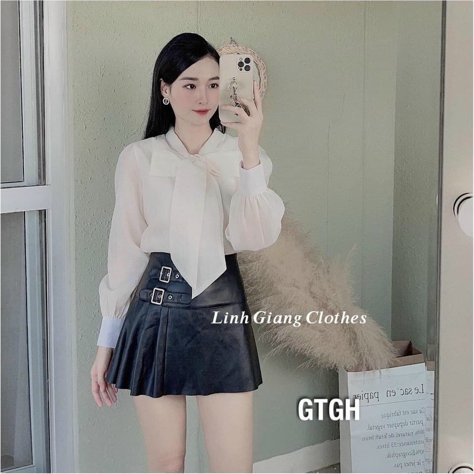 Áo sơ mi nữ cột nơ 2 màu trắng be 2 lớp