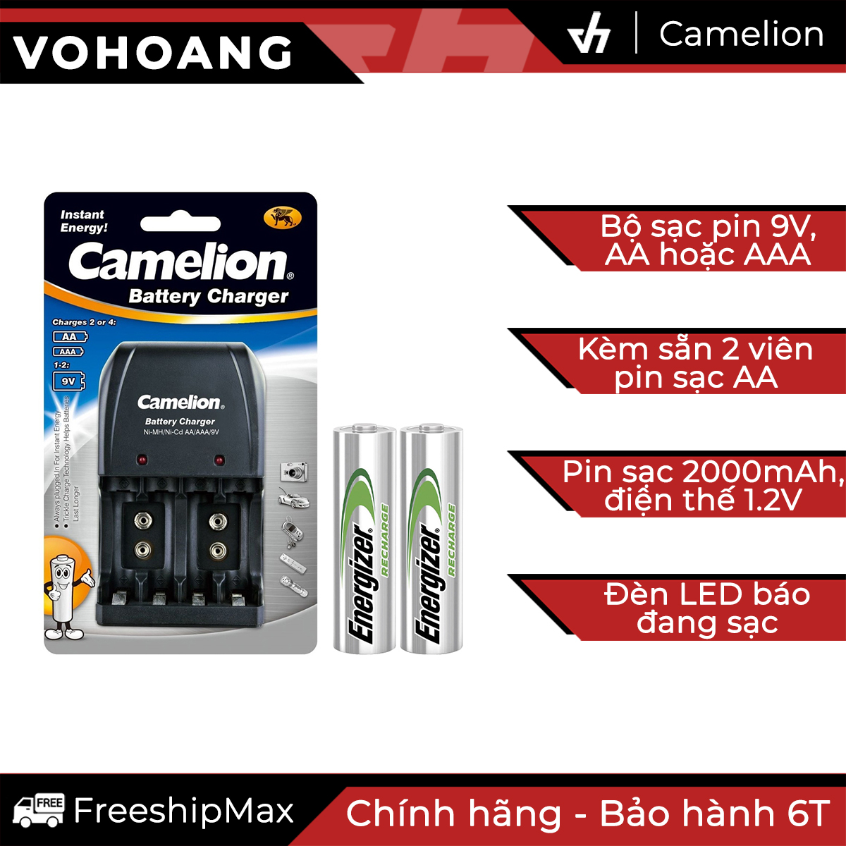 Bộ sạc camelion 0904 kèm 2 pin energizer 2000mah tray