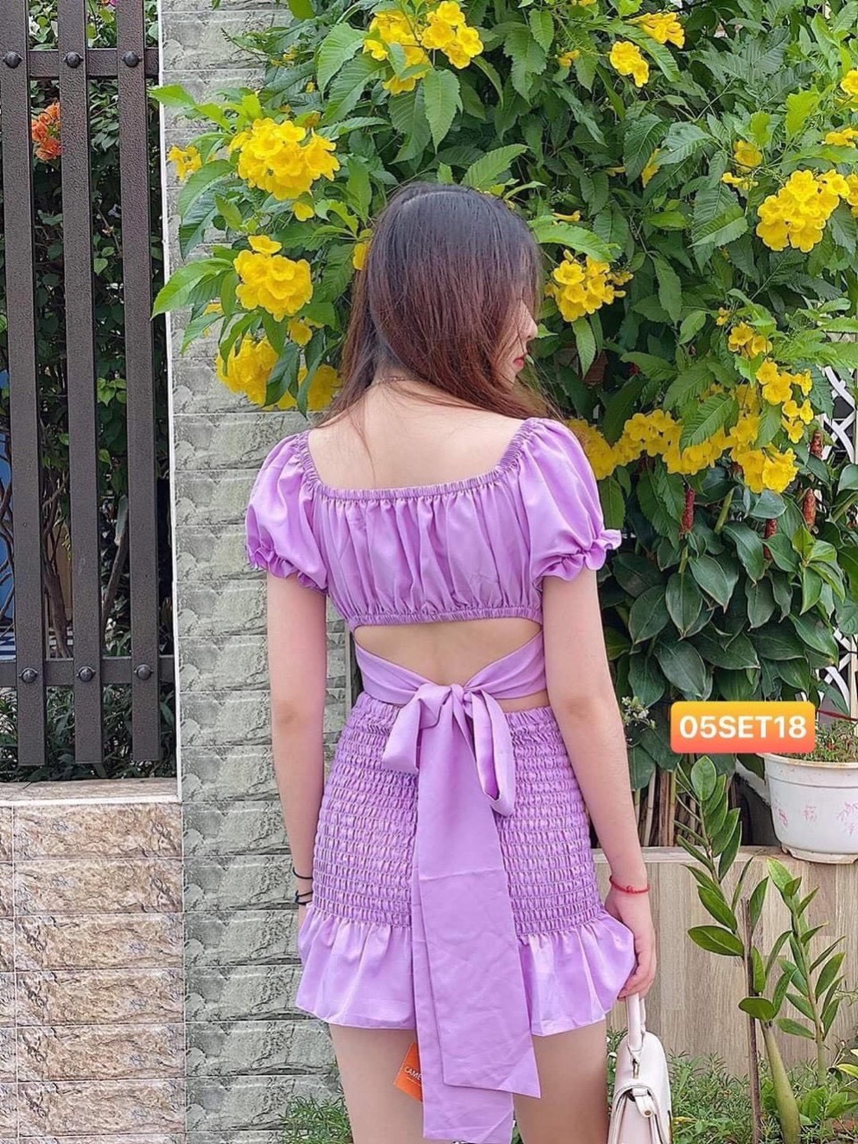 Đầm tím nhún váy hở eo phong cách TTSA0445