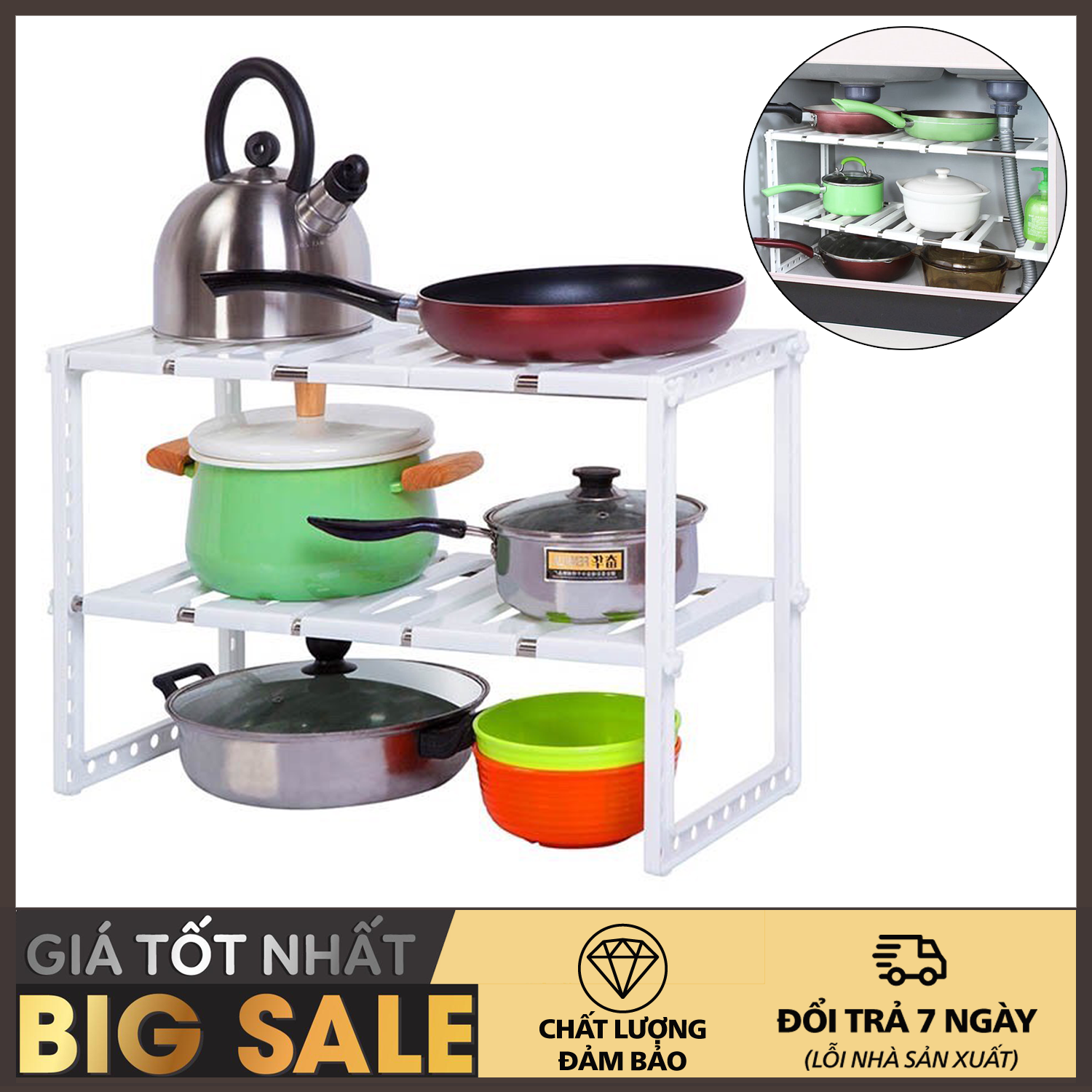 Kệ gầm nhà bếp đa năng tiết kiệm không gian, Kệ xếp để dưới bồn rửa chén thông minh 2 tầng MingXuan + Tặng kèm 2 móc siêu dính