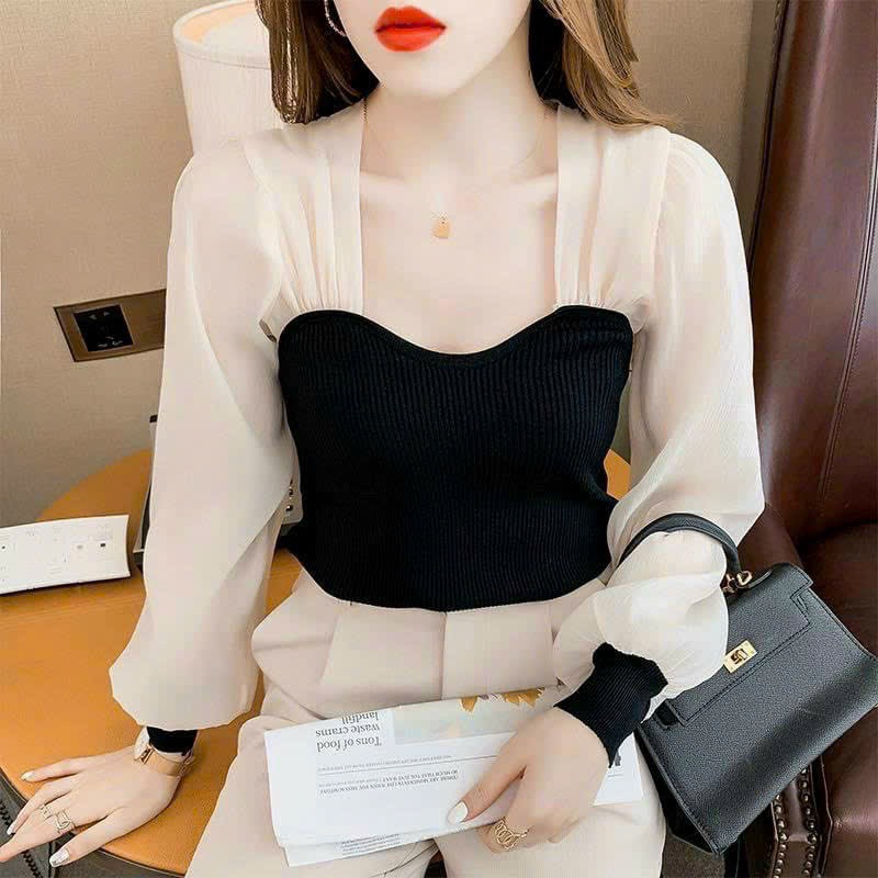 Áo thun nữ kiểu tay dài phối lưới - Chất thun gân co giản