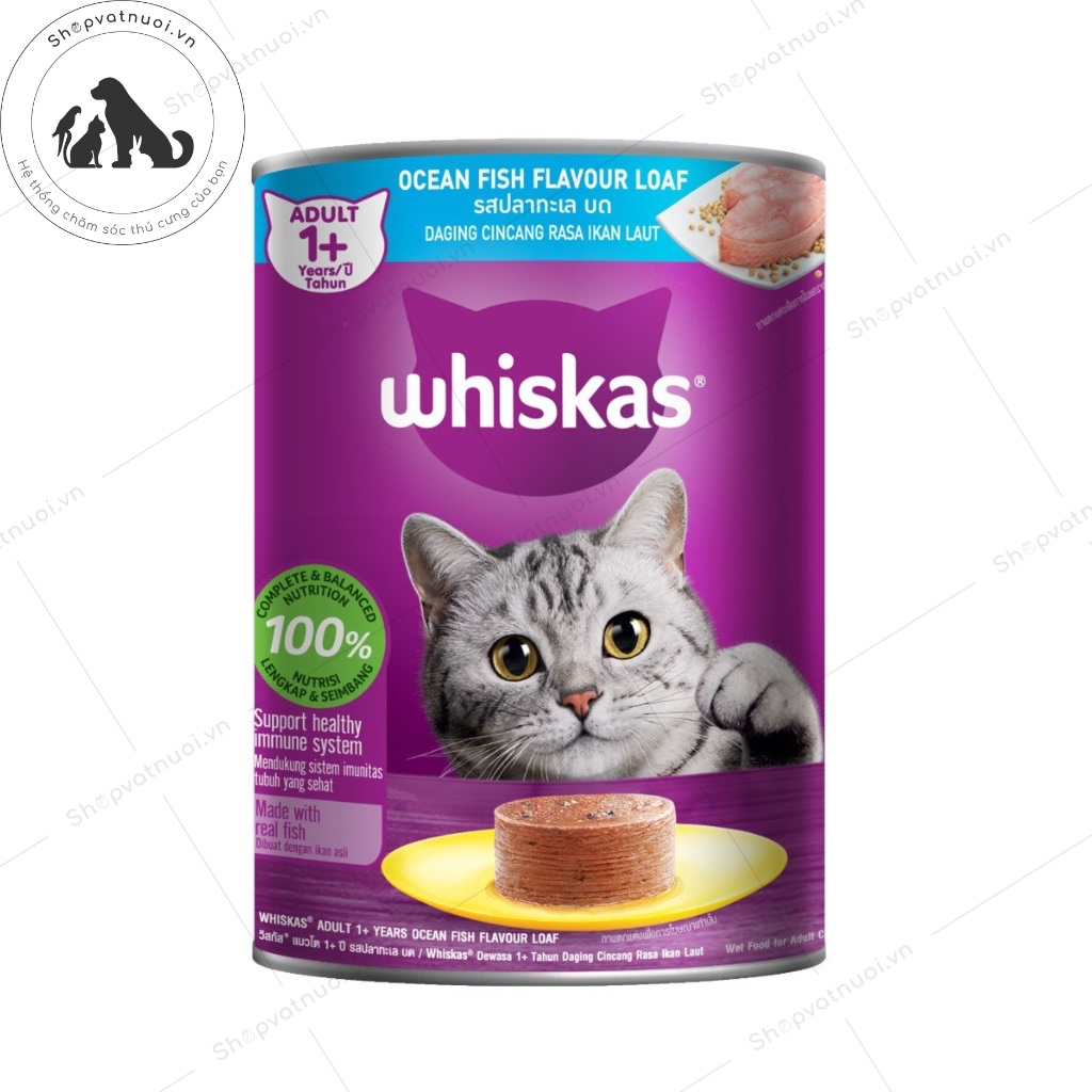 Thức Ăn Dinh Dưỡng Cho Mèo Pate Vị Cá Biển Và Vị Cá Thu Cá Mòi Whiskas Lon 400g