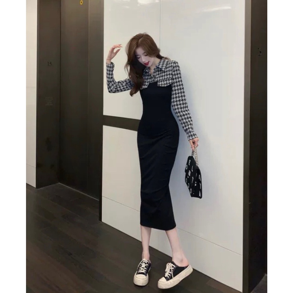 váy phối lụa hoạ tiết Hounstooth phối umi vuông cao cấp đanh mịn 2218