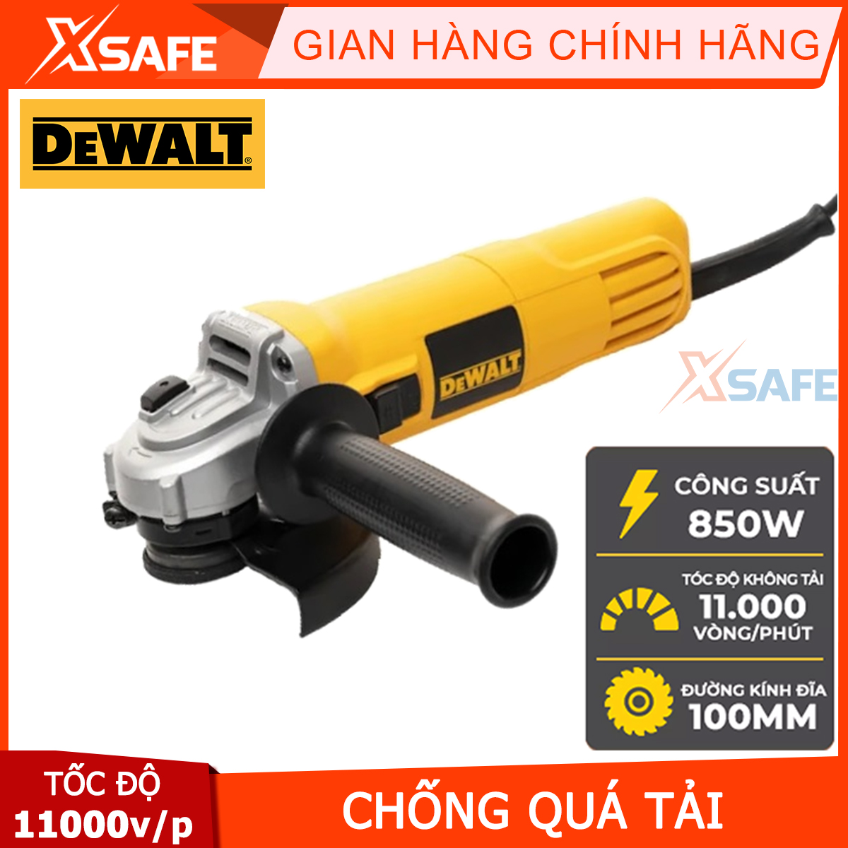 Máy mài góc cầm tay DEWALT 850W DW801-B1 DW802-B1 Máy cắt sắt cầm tay có bộ ly hợp bảo vệ quá tải, tốc độ 11000v/p, đĩa cắt 100mm,  BH 3