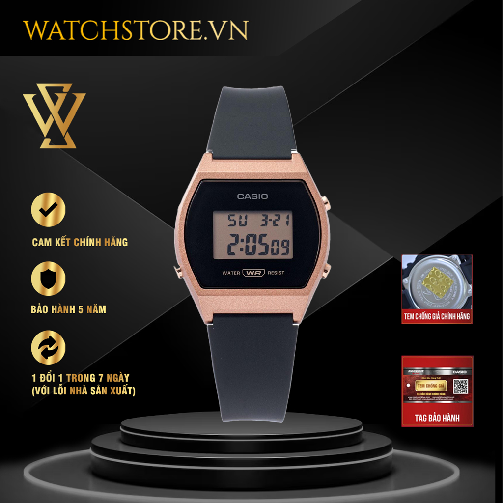 Đồng hồ điện tử nữ casio chính hãng watchstore lw-204-1adf thiết kế mặt kính nhựa 35mm, dây đeo và vỏ nhựa màu vàng hồng
