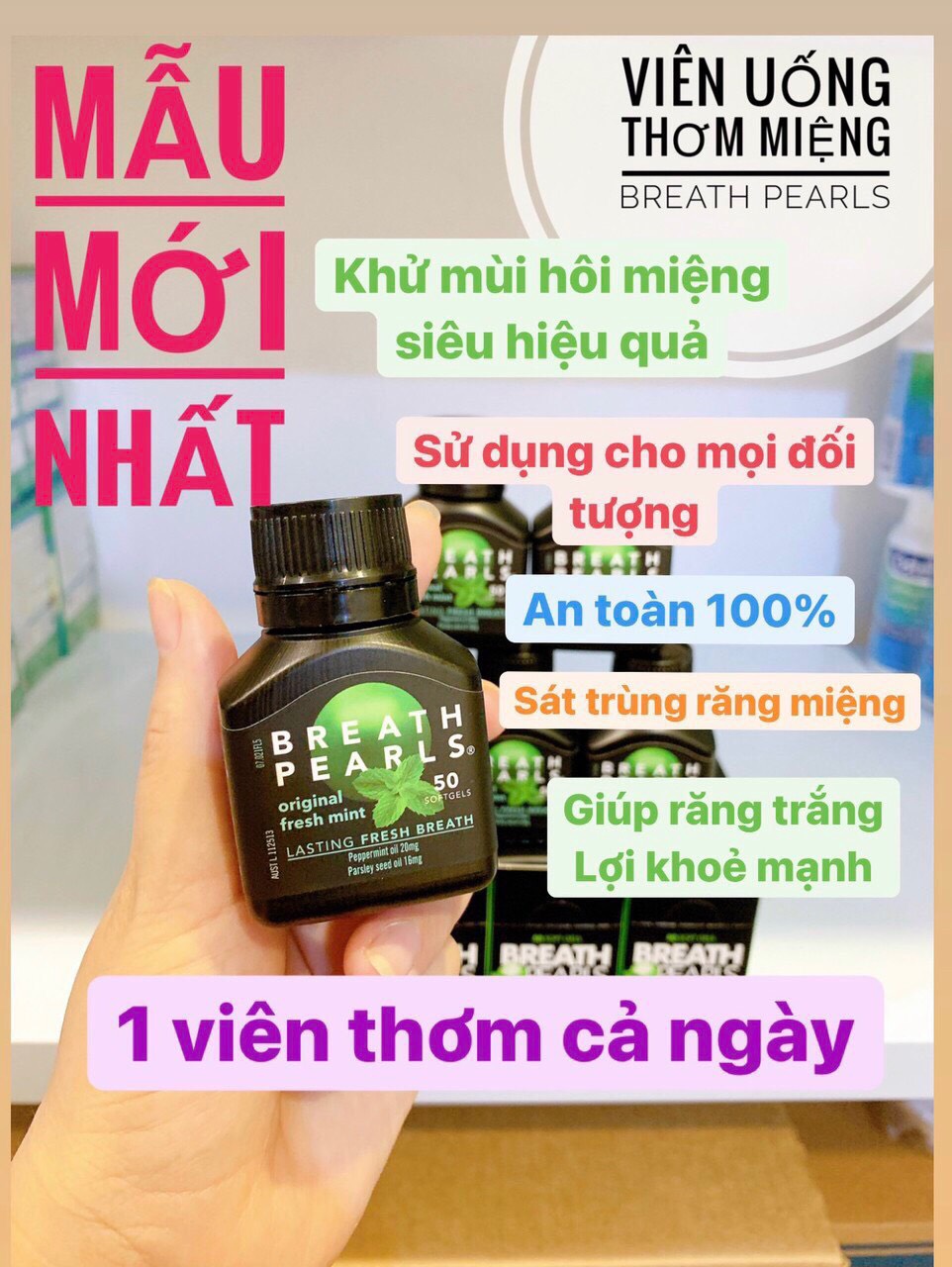 Viên uống thơm miệng Breath Pearls 50 viên Hàng xách tay nội địa Úc