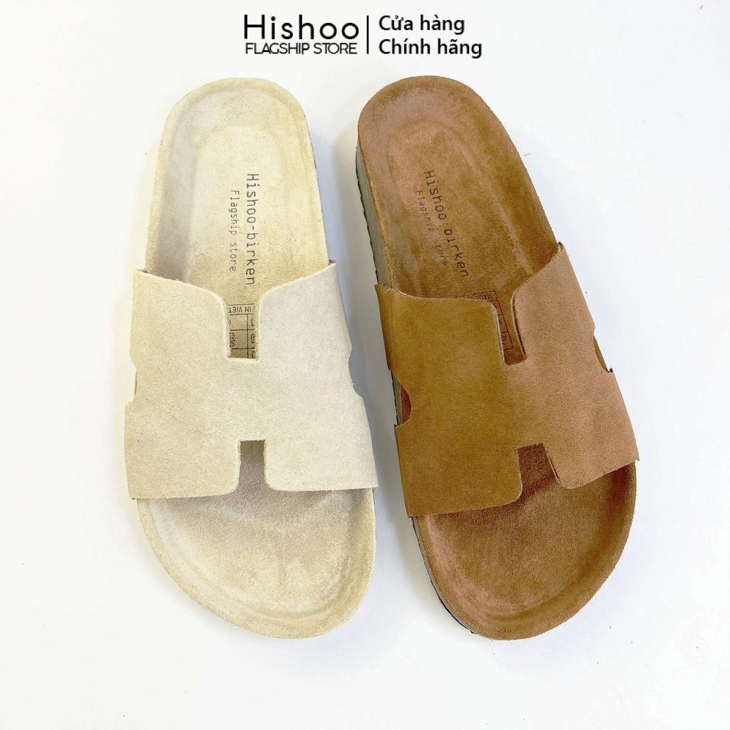 Dép đế trấu da bò birken nam nữ unisex quai ngang chữ H bigsize 35